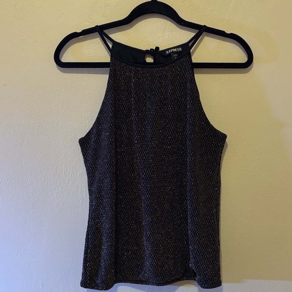 Express Women's Black and Gold Halter Top